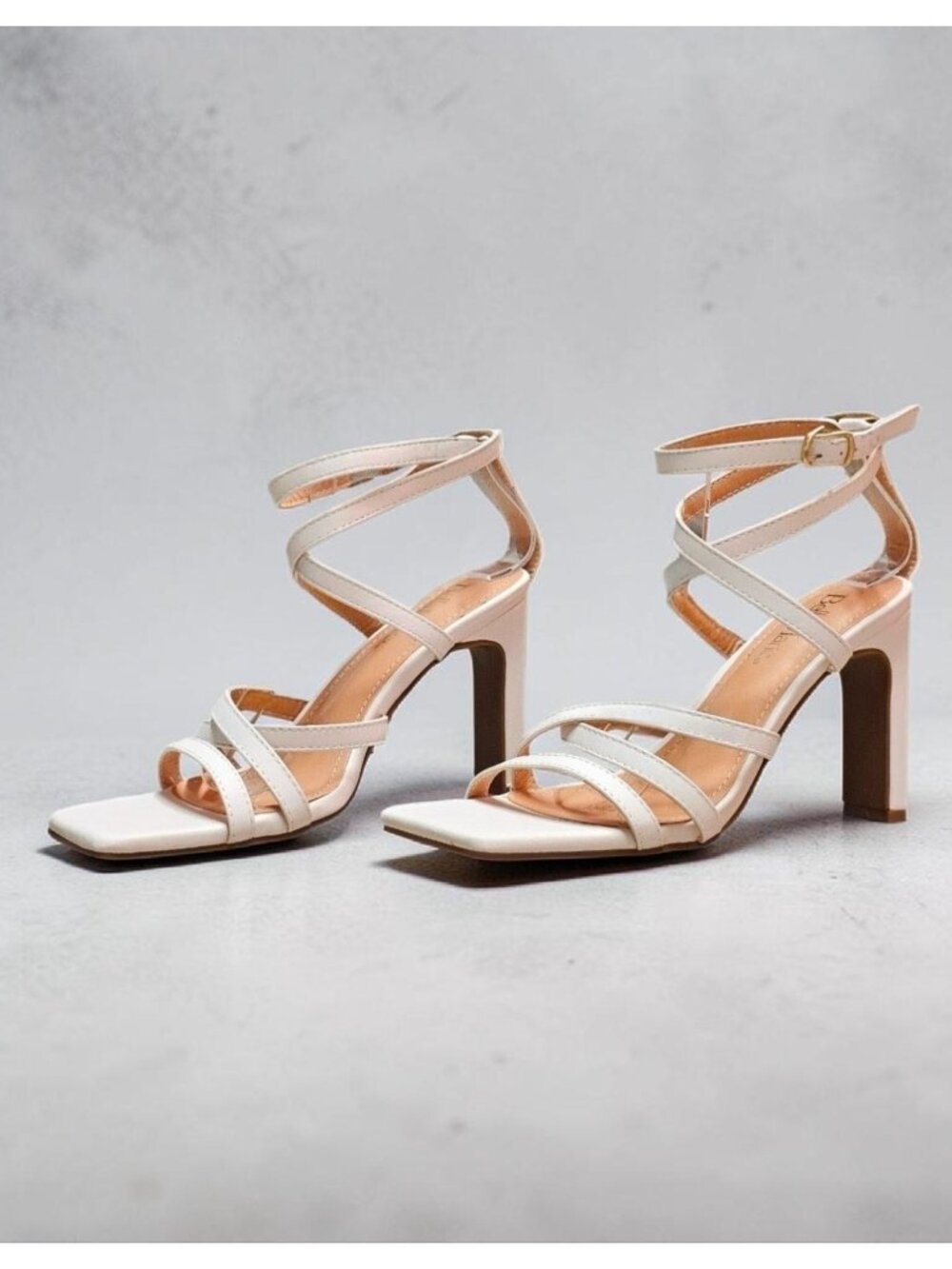 White Strappy Square-Toe Block Heel Sandals With Ankle Straps - Picture 12 of 12
